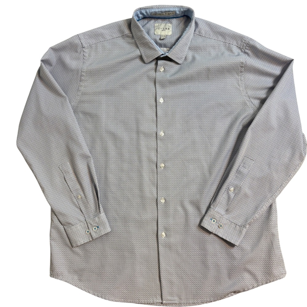 C-LAB NYC Mens XL Slim Fit 4 Way Stretch Blue Geometric Button Down Shirt 17.5